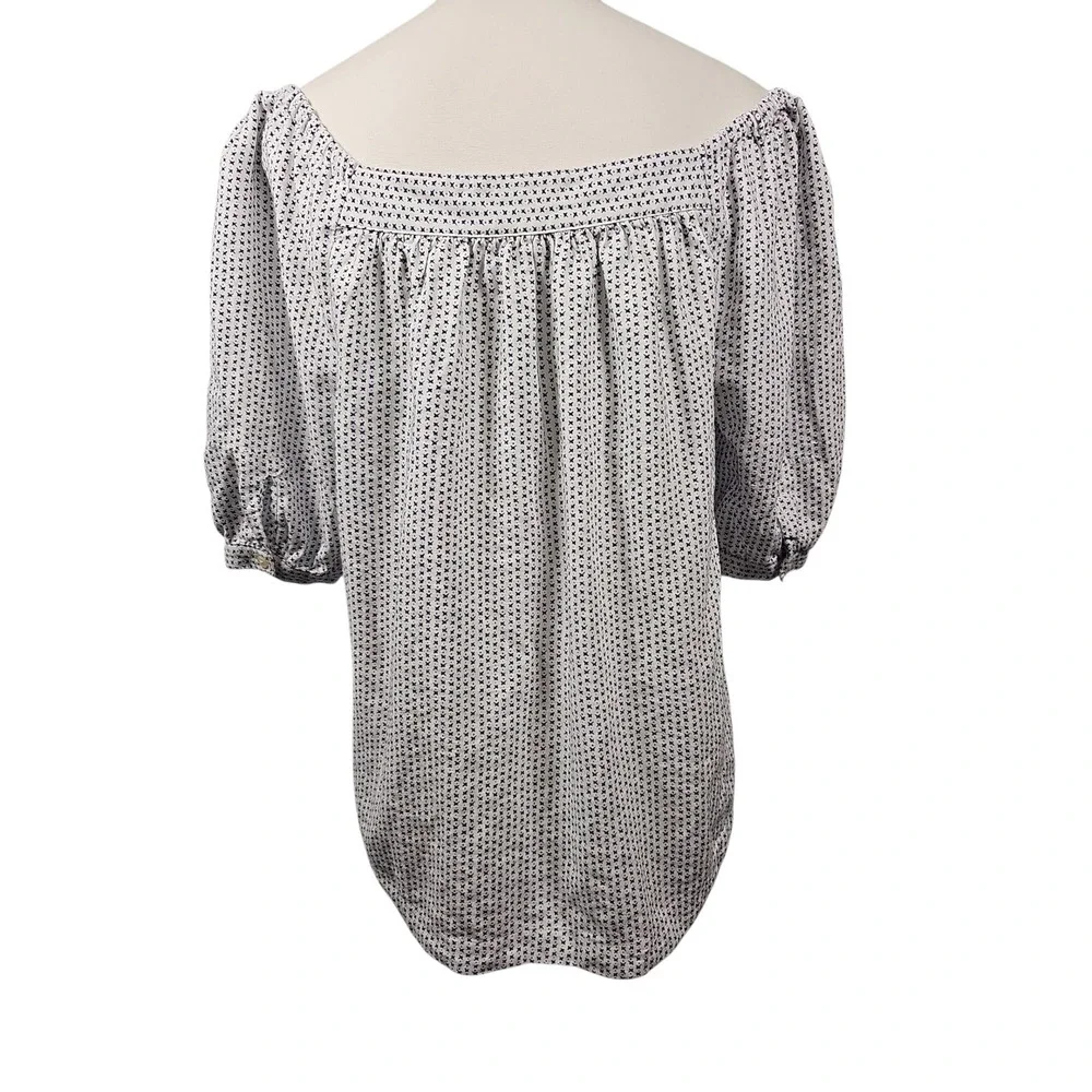 LOFT Peasant Style Blouse Cream Black Starburst Print Linen Blend Women's Large
